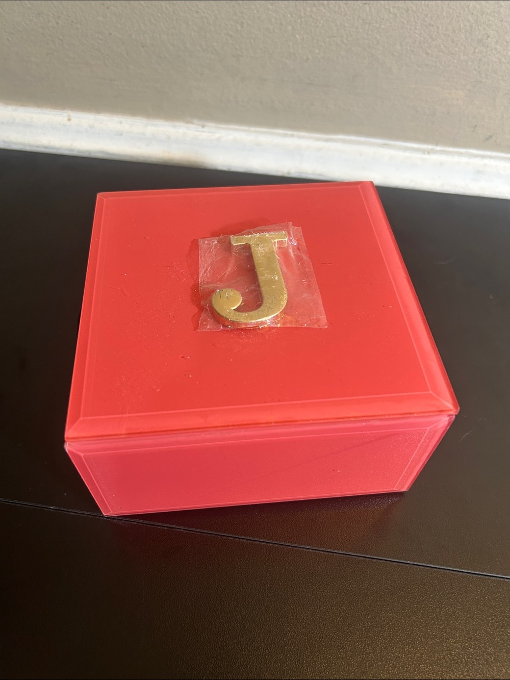 Glass J' Red Jewelry Box with Gold Letter Accent